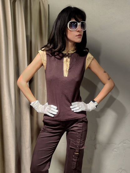Vintage Brown Mandarin Collar Cap Sleeve Top