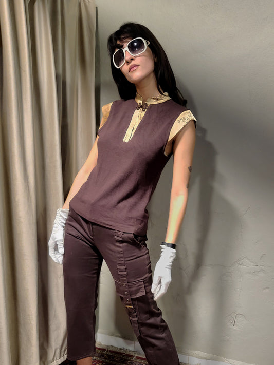 Vintage Brown Mandarin Collar Cap Sleeve Top