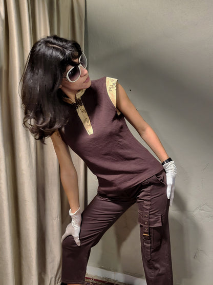 Vintage Brown Mandarin Collar Cap Sleeve Top