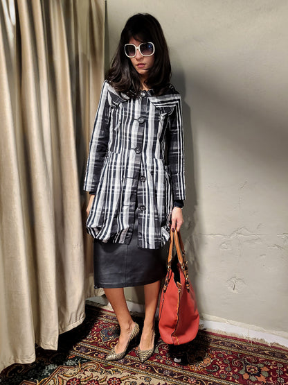 Vintage Black & White Plaid Structured Coat