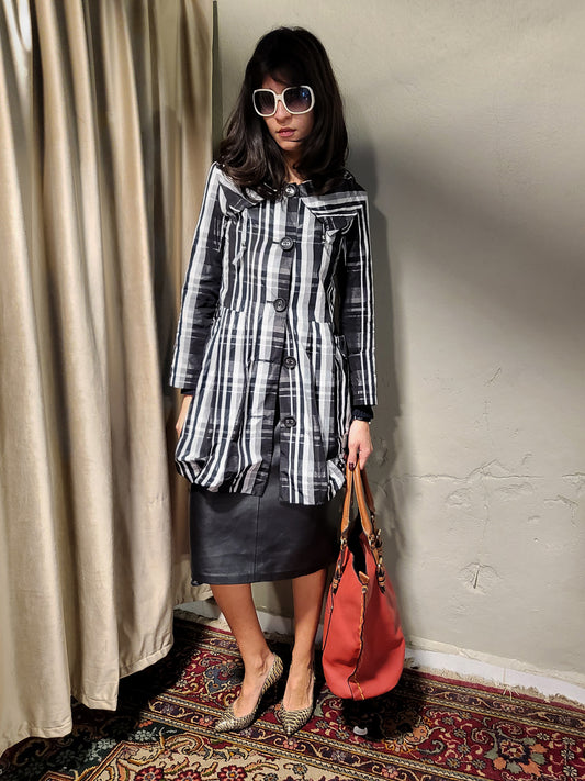 Vintage Black & White Plaid Structured Coat