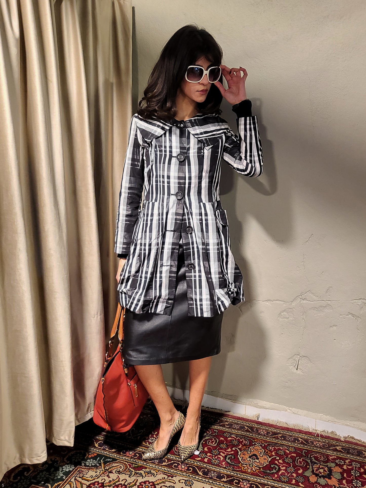 Vintage Black & White Plaid Structured Coat