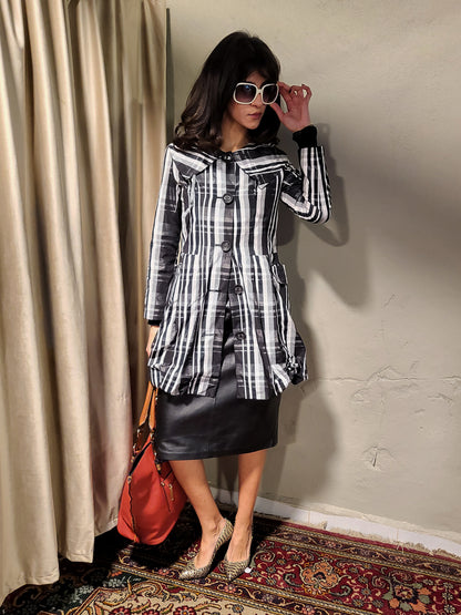 Vintage Black & White Plaid Structured Coat