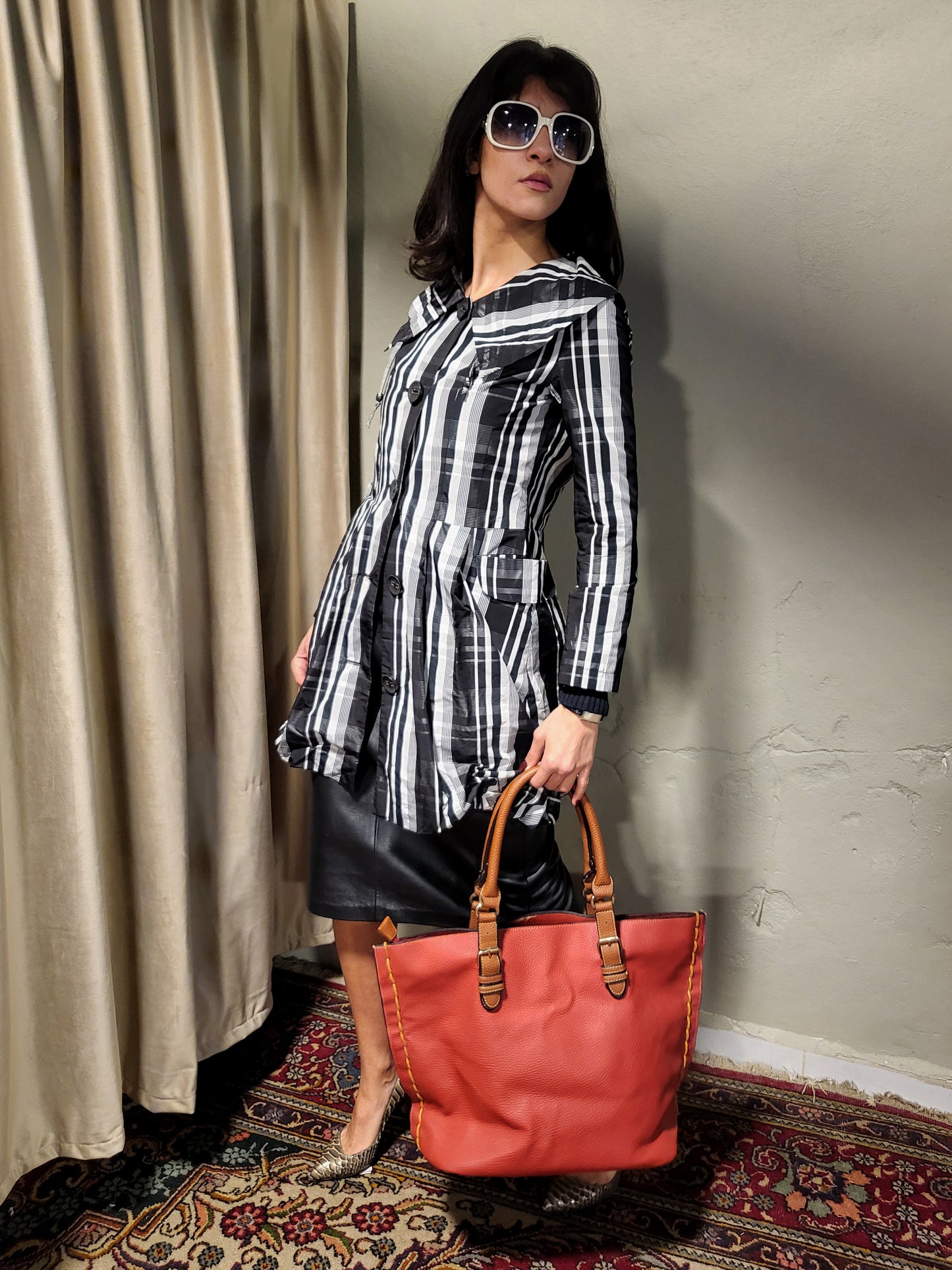 Vintage Black & White Plaid Structured Coat