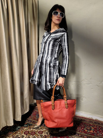 Vintage Black & White Plaid Structured Coat