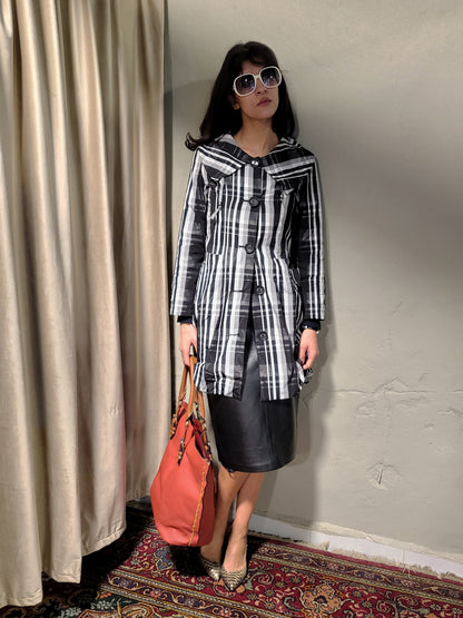 Vintage Black & White Plaid Structured Coat