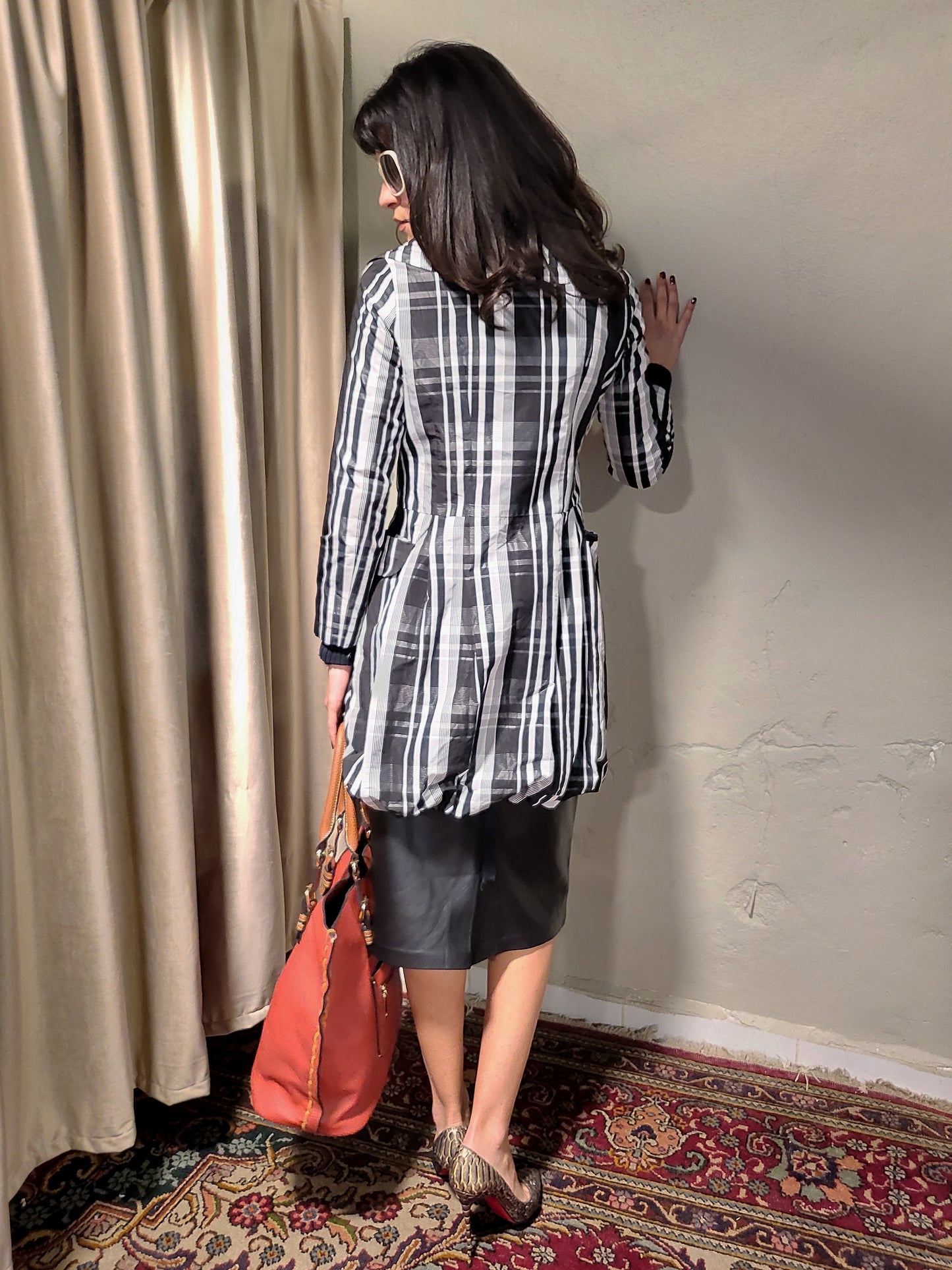 Vintage Black & White Plaid Structured Coat