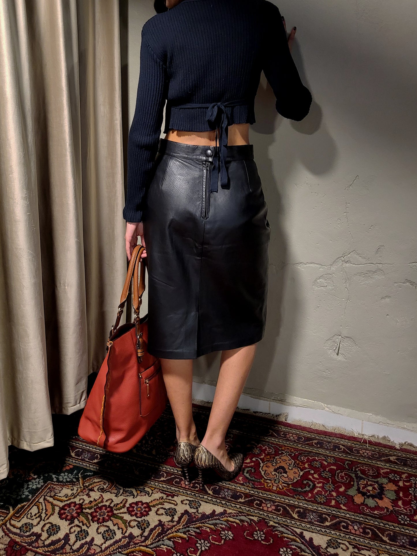 Vintage Black Genuine Leather Midi Skirt