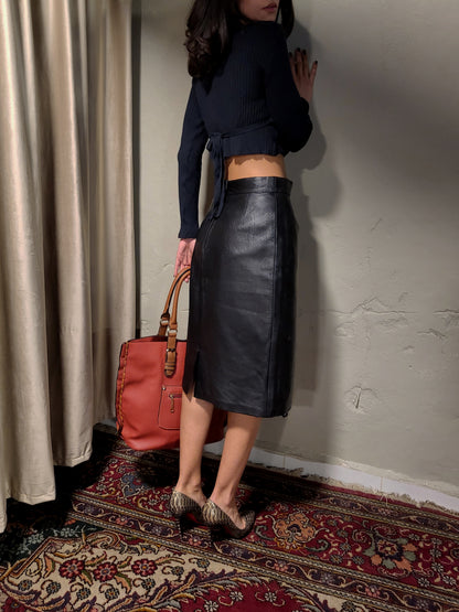 Vintage Black Genuine Leather Midi Skirt