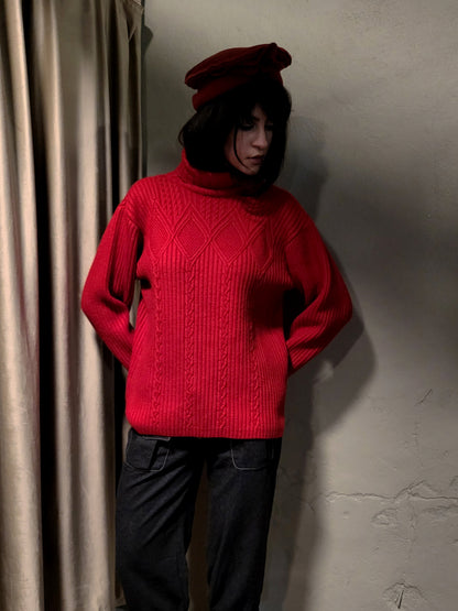 Red Ribbed Turtleneck Sweater