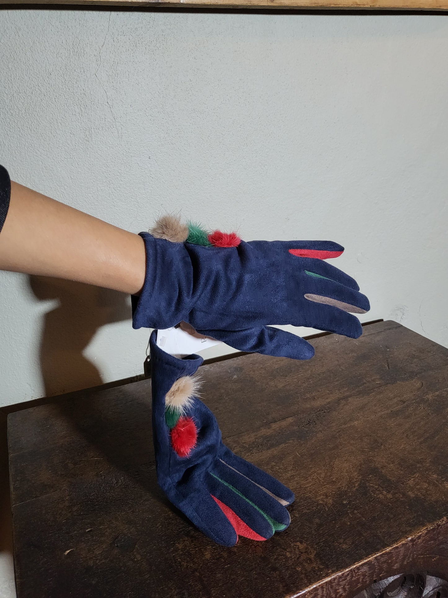Color-Trim Gloves with Fur Pom Details