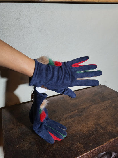 Color-Trim Gloves with Fur Pom Details