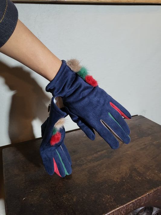 Color-Trim Gloves with Fur Pom Details