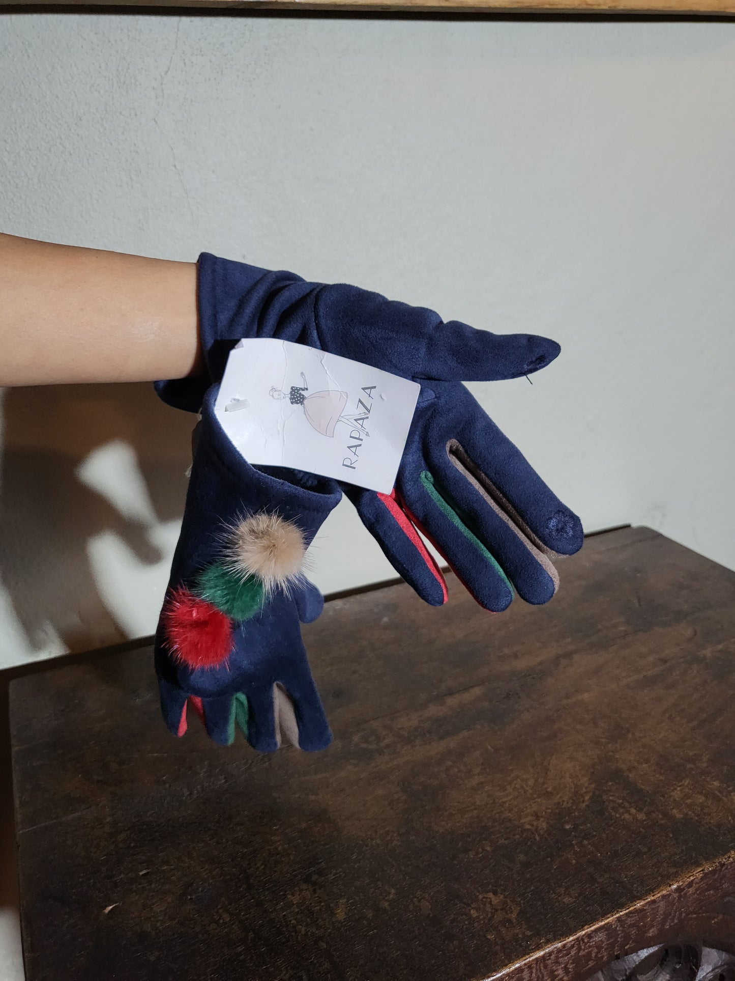 Color-Trim Gloves with Fur Pom Details