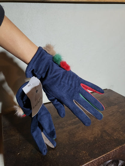 Color-Trim Gloves with Fur Pom Details