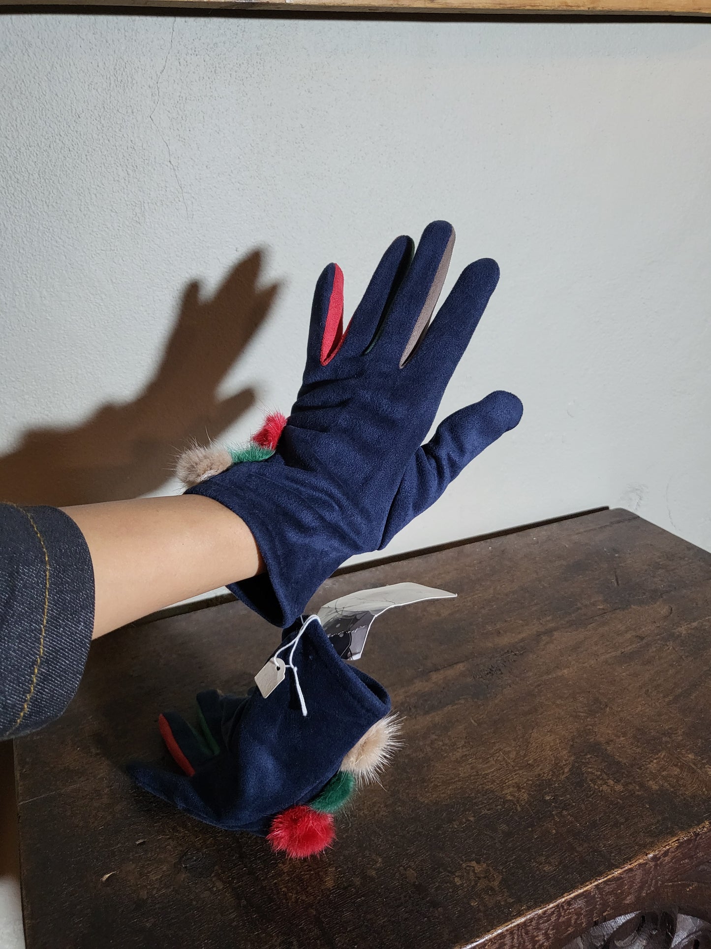 Color-Trim Gloves with Fur Pom Details