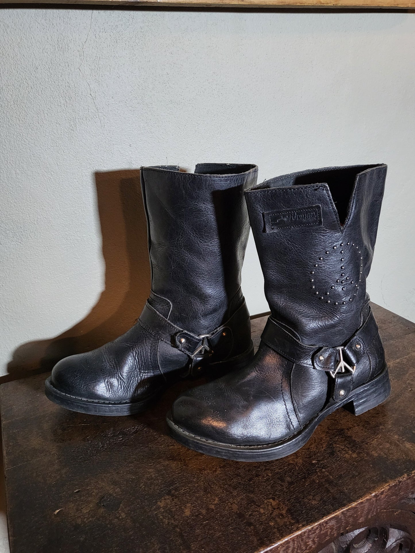 Vintage Black Leather Biker Boots
