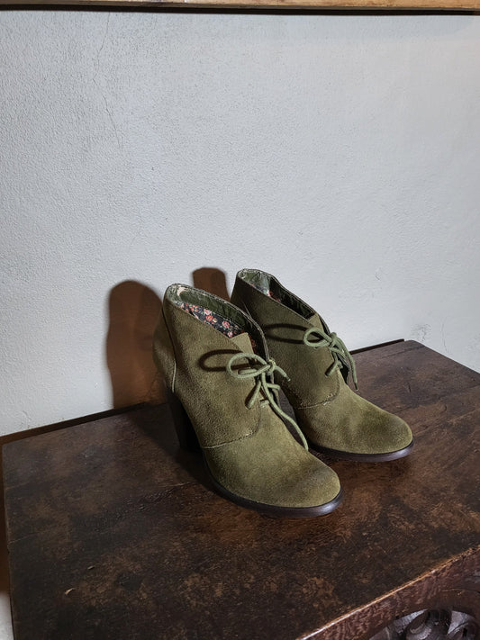 Olive Suede Lace-Up Ankle Booties