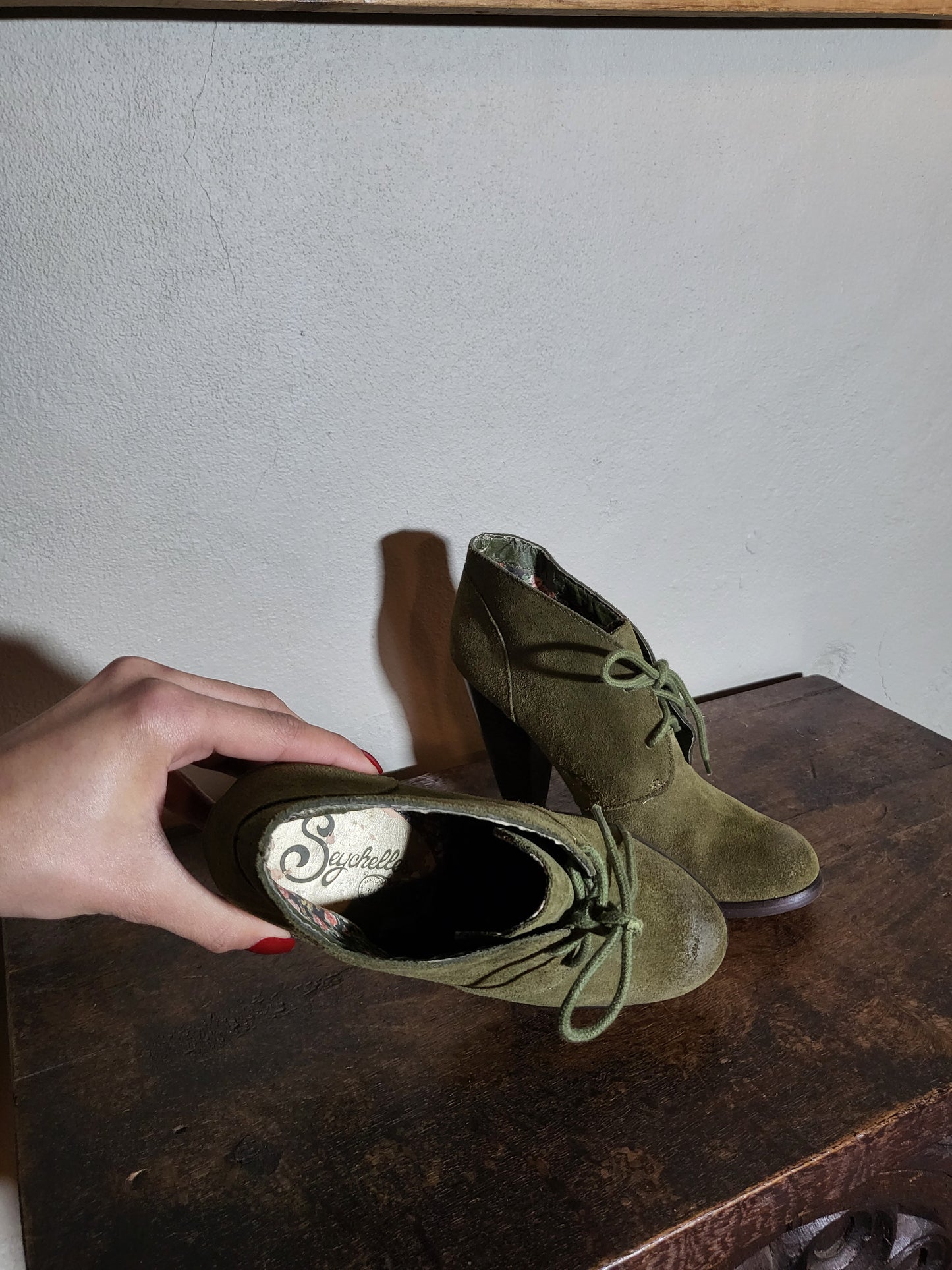 Olive Suede Lace-Up Ankle Booties