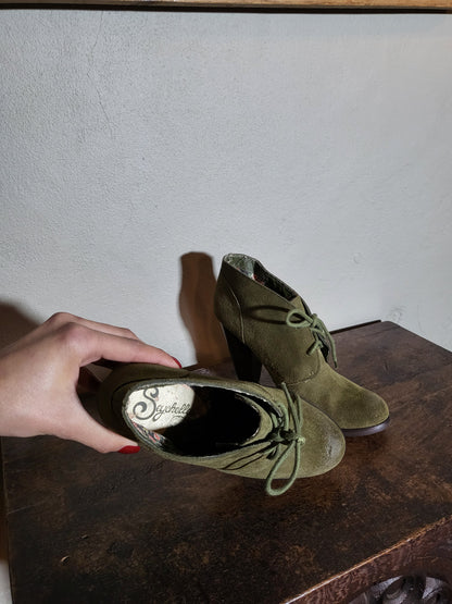 Olive Suede Lace-Up Ankle Booties