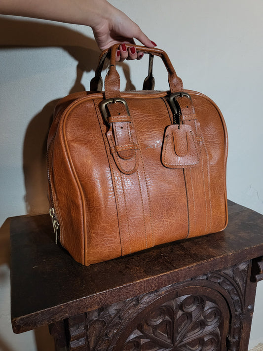 Vintage 60s Cognac Leather Travel Bag