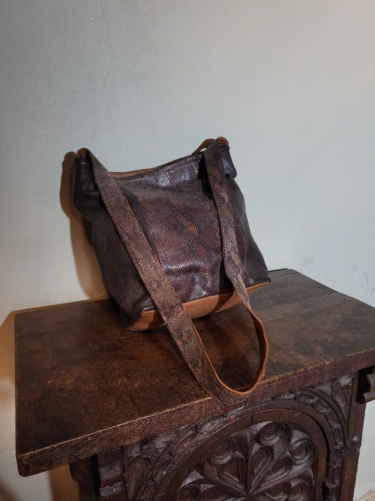 Brown Leather Crossbody Bag with Textured Panel