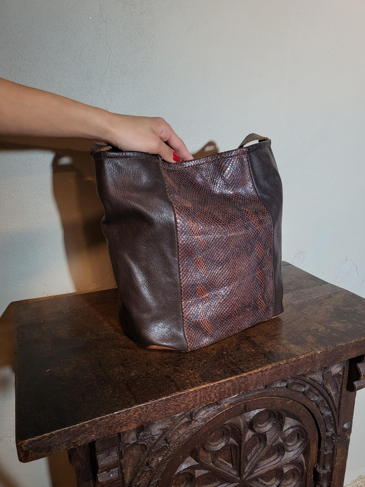 Brown Leather Crossbody Bag with Textured Panel