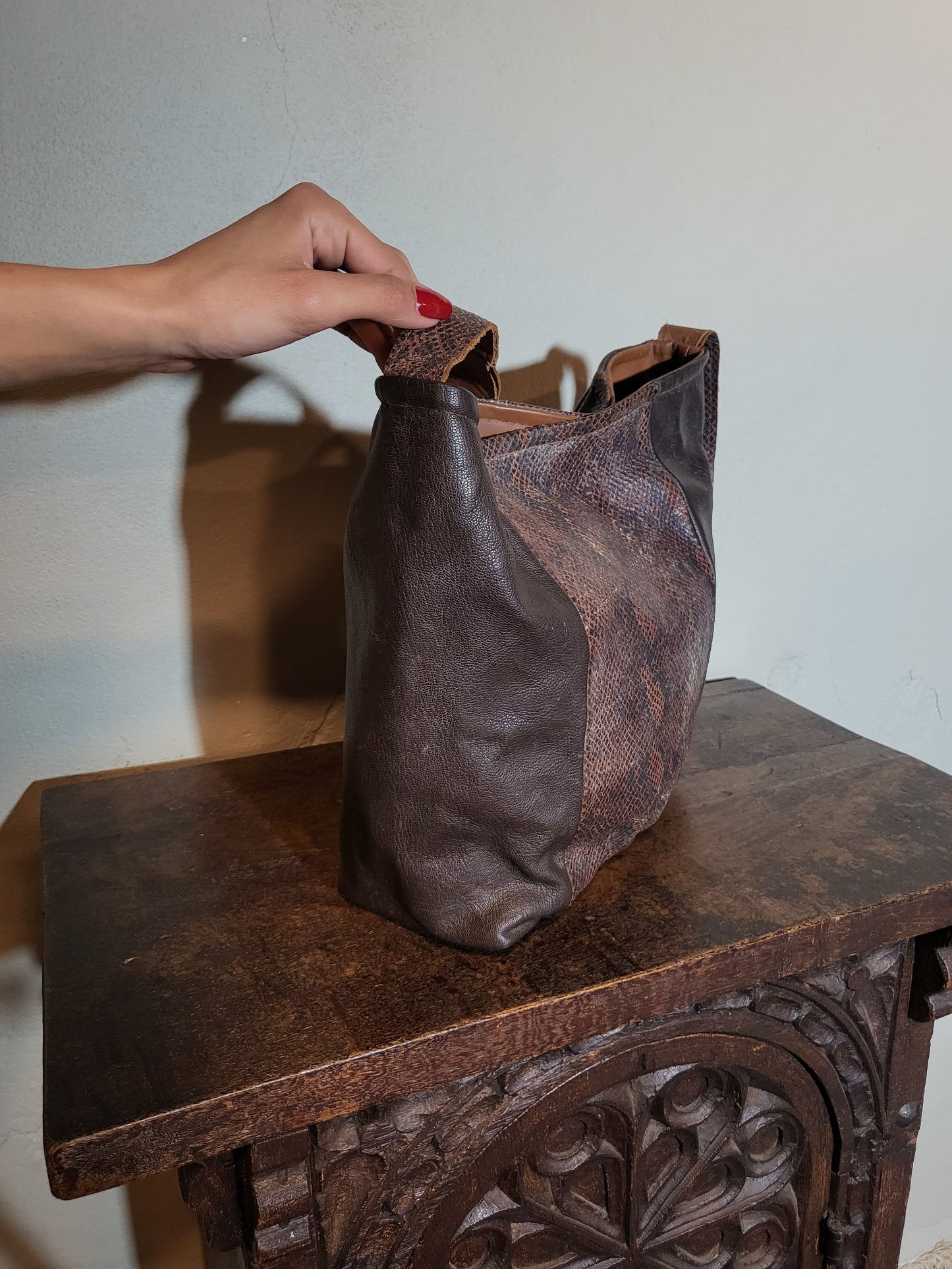Brown Leather Crossbody Bag with Textured Panel