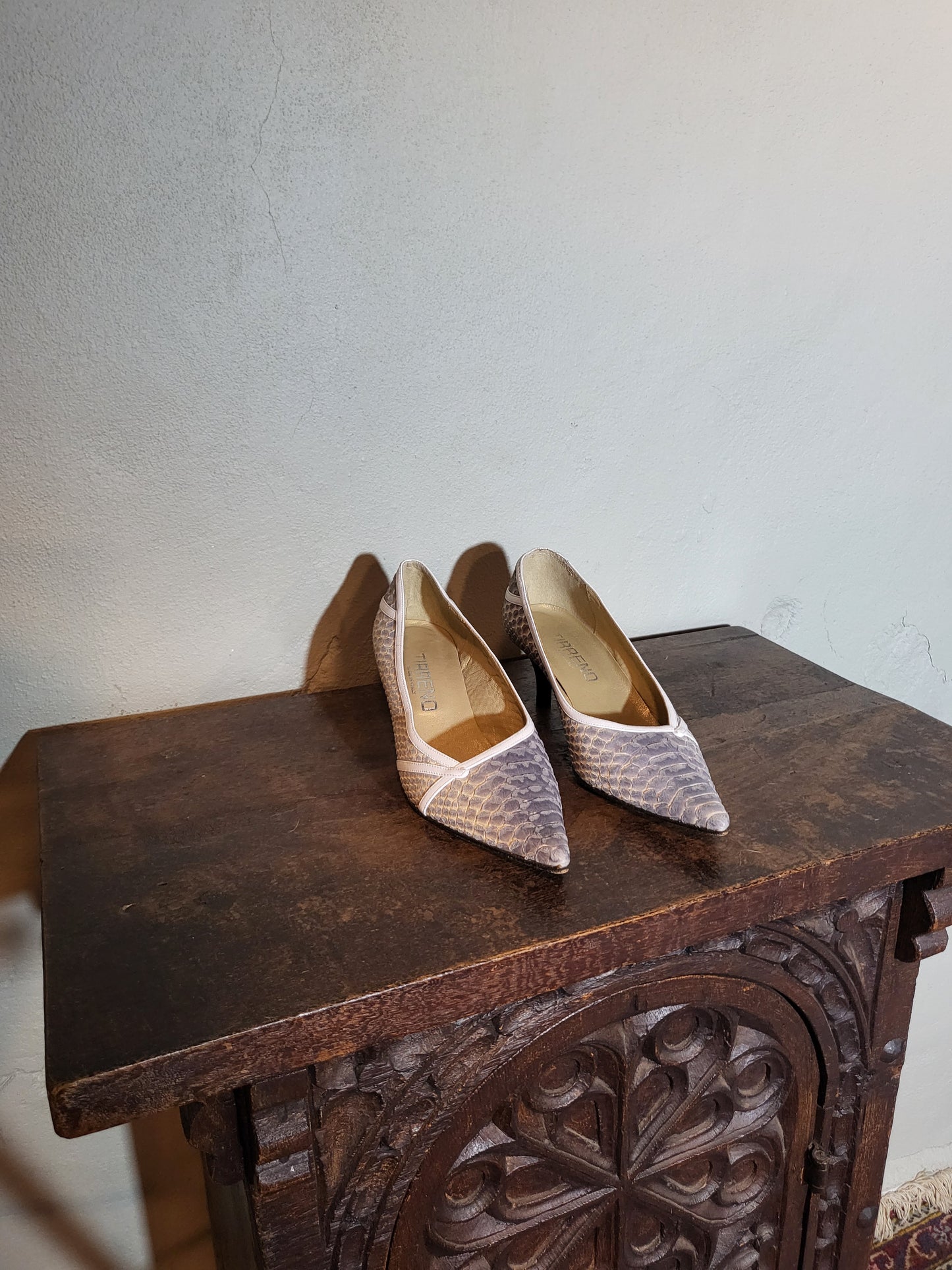 Vintage Python-Embossed Pointed Kitten Heels