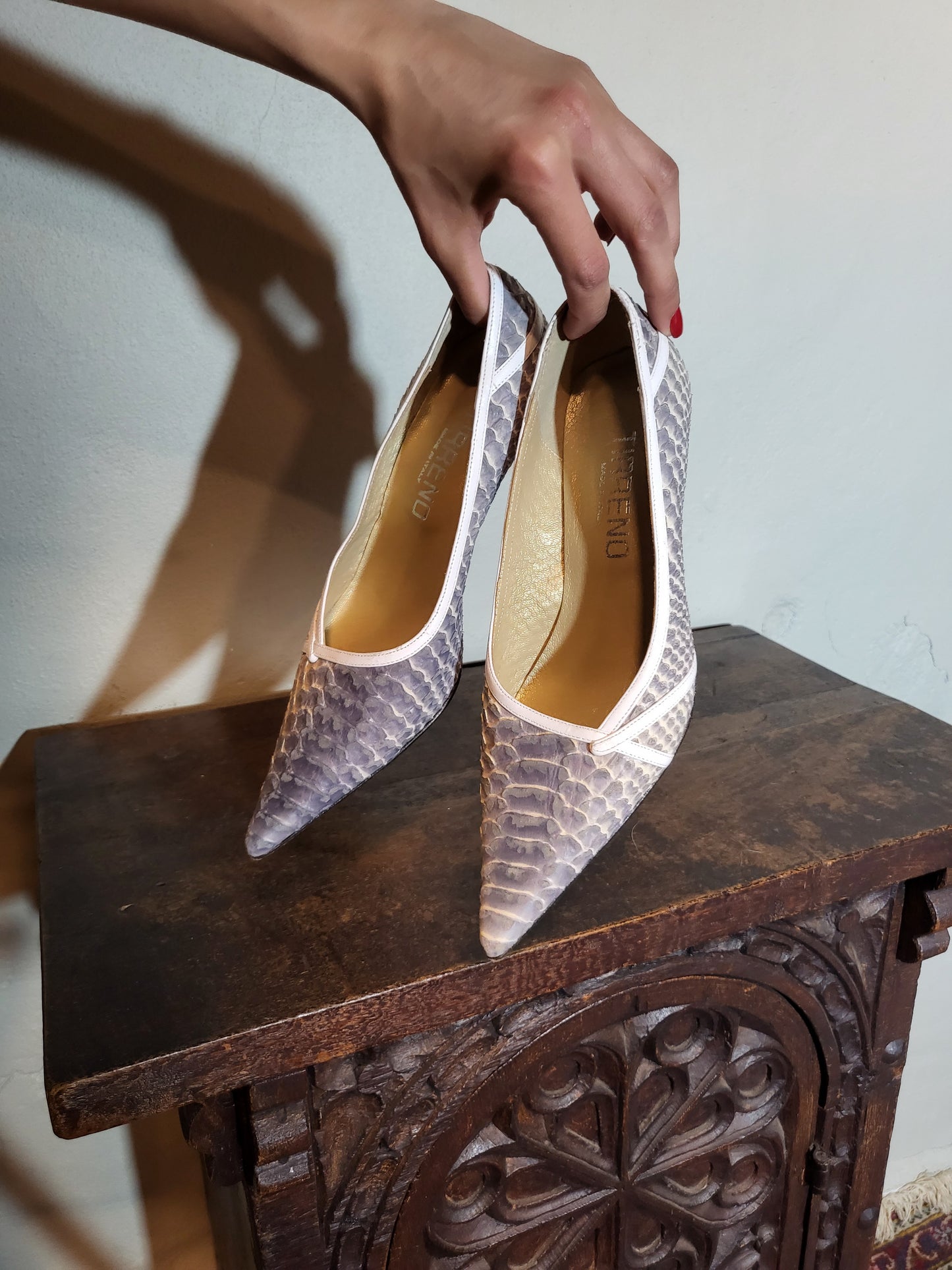Vintage Python-Embossed Pointed Kitten Heels