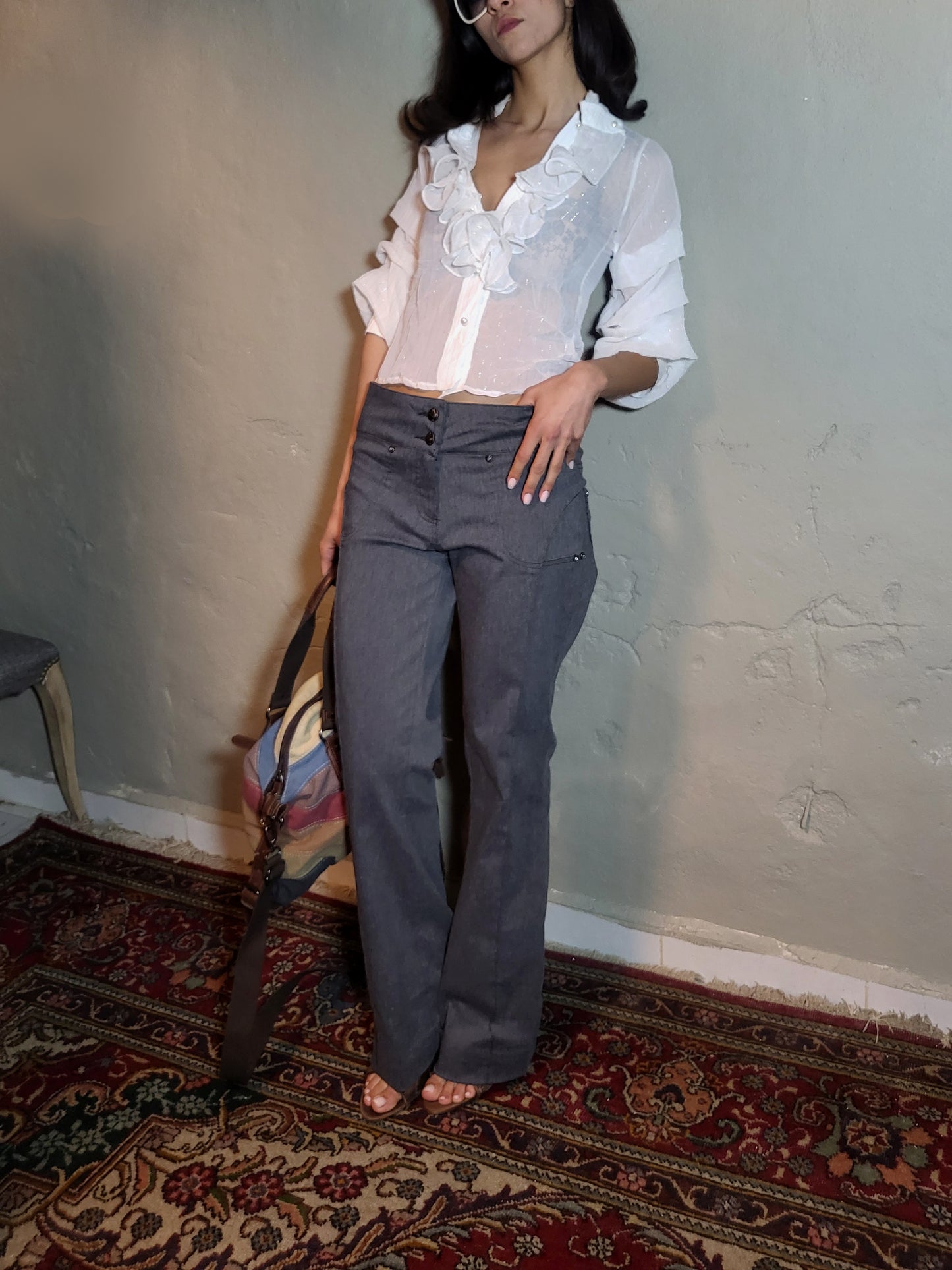 Vintage Lace-Up Back Tailored Flare Pants