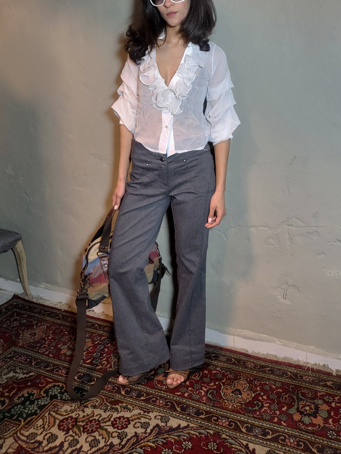 Vintage Lace-Up Back Tailored Flare Pants