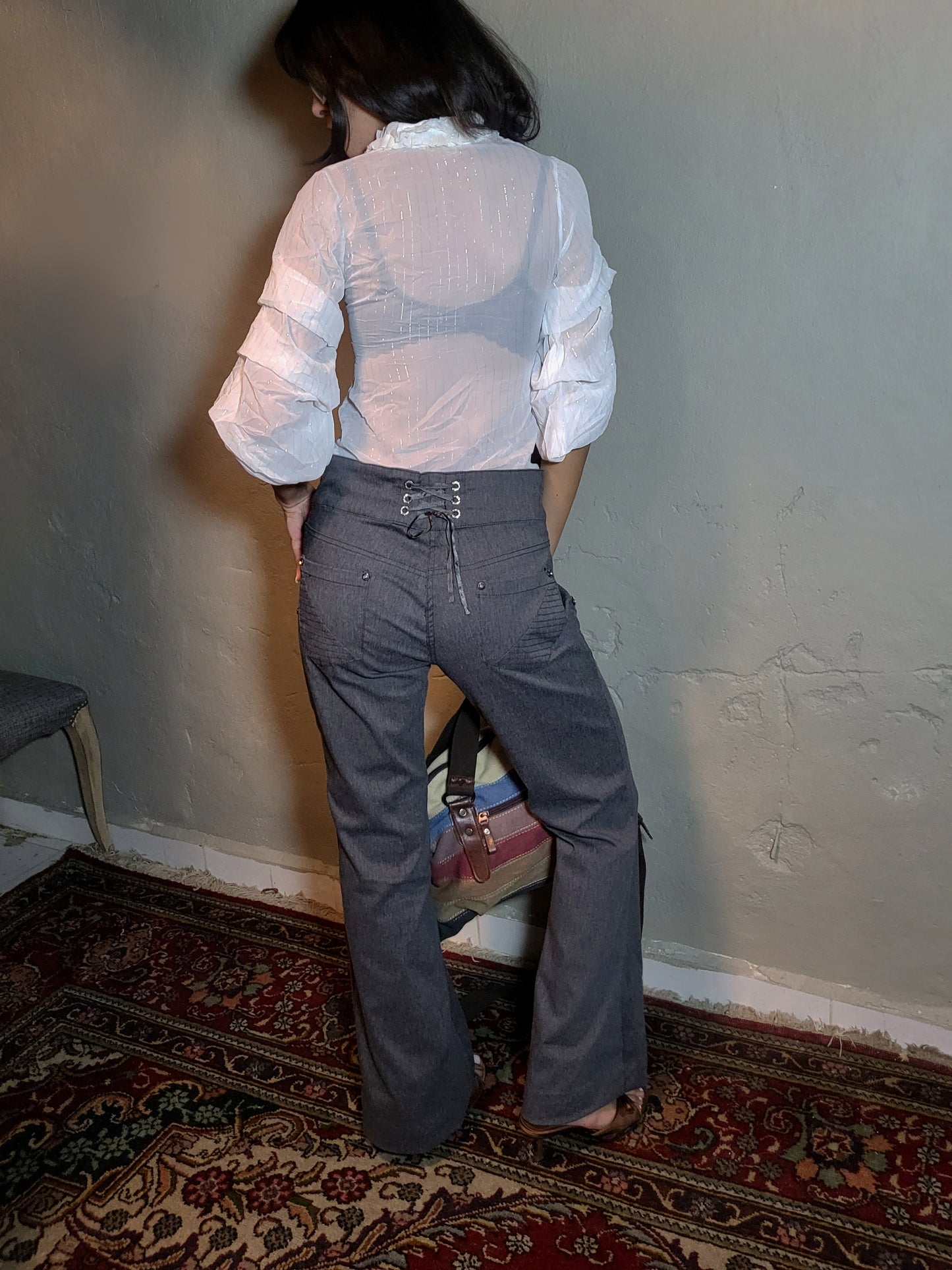 Vintage Lace-Up Back Tailored Flare Pants