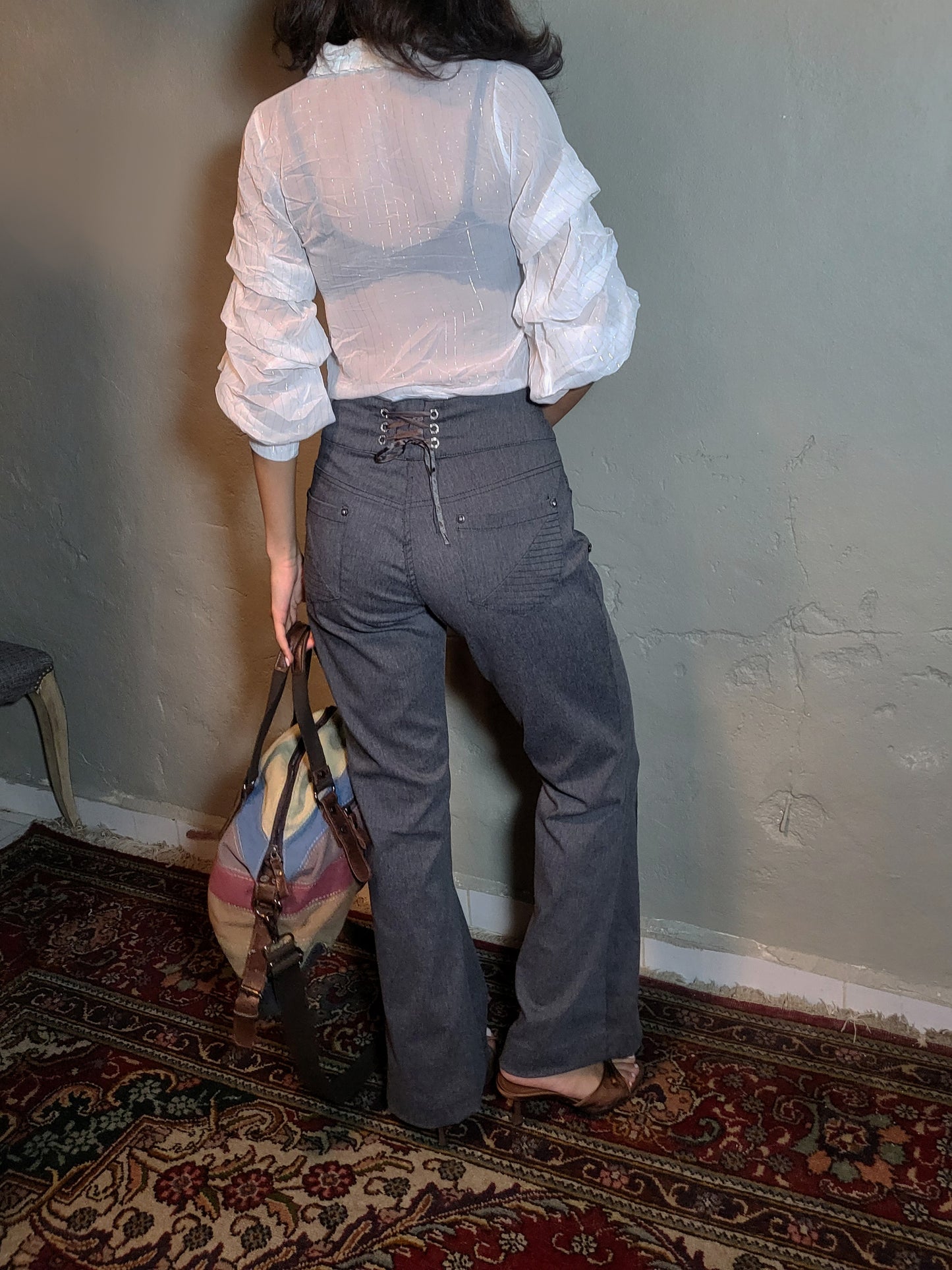 Vintage Lace-Up Back Tailored Flare Pants