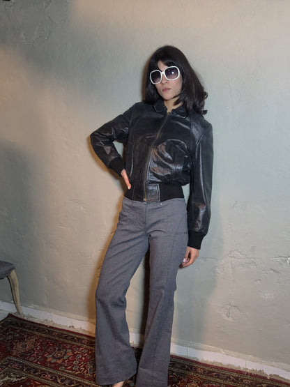 Vintage Black Leather Cropped Bomber Jacket
