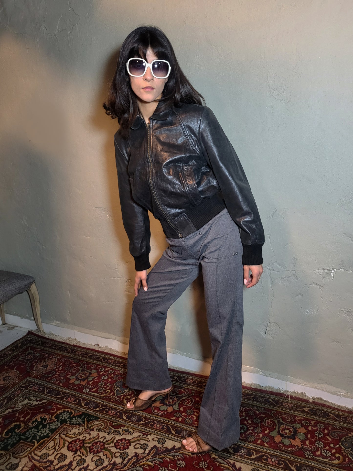 Vintage Black Leather Cropped Bomber Jacket