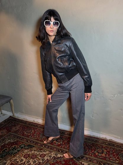 Vintage Black Leather Cropped Bomber Jacket
