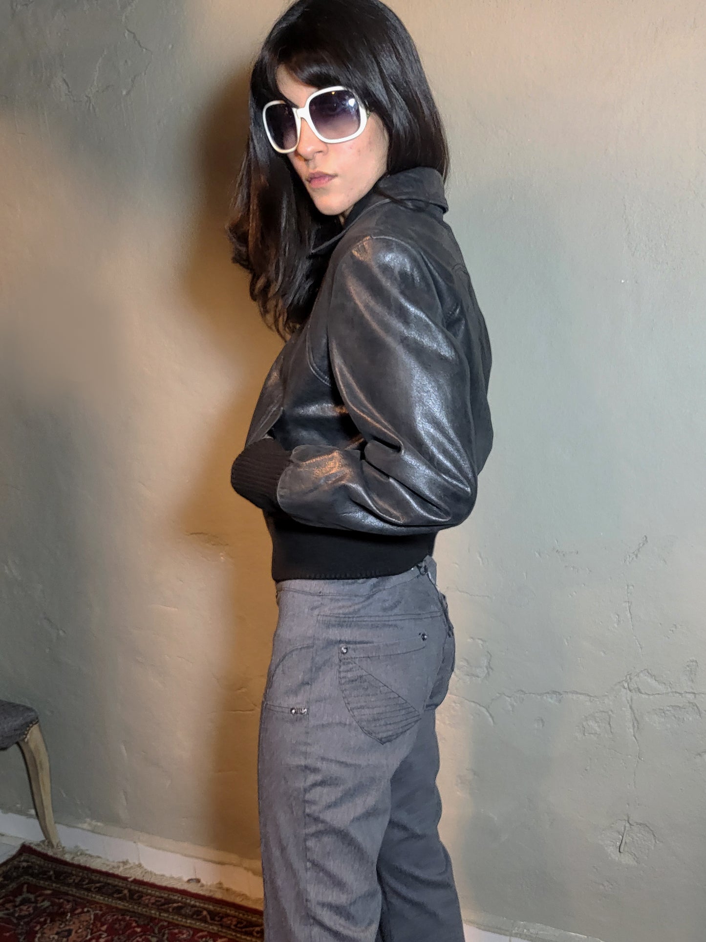 Vintage Black Leather Cropped Bomber Jacket