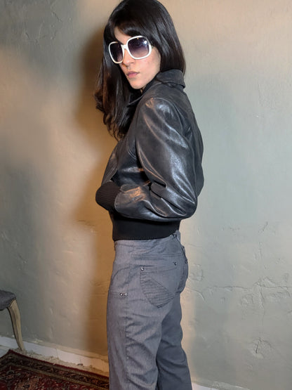 Vintage Black Leather Cropped Bomber Jacket