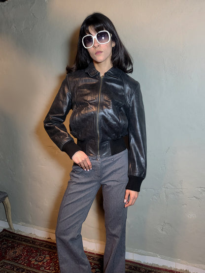 Vintage Black Leather Cropped Bomber Jacket