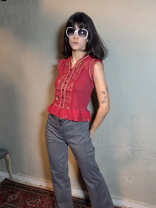 Vintage Sheer Ruffled Panel Blouse