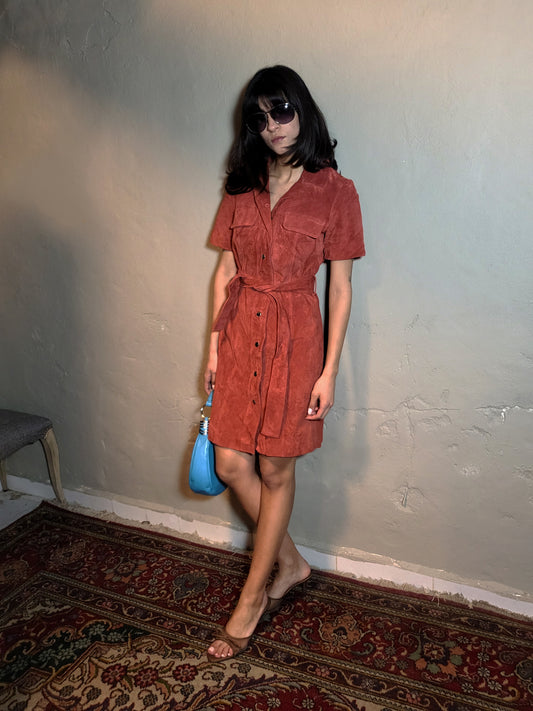 90s Suede Leather Shirt Dress