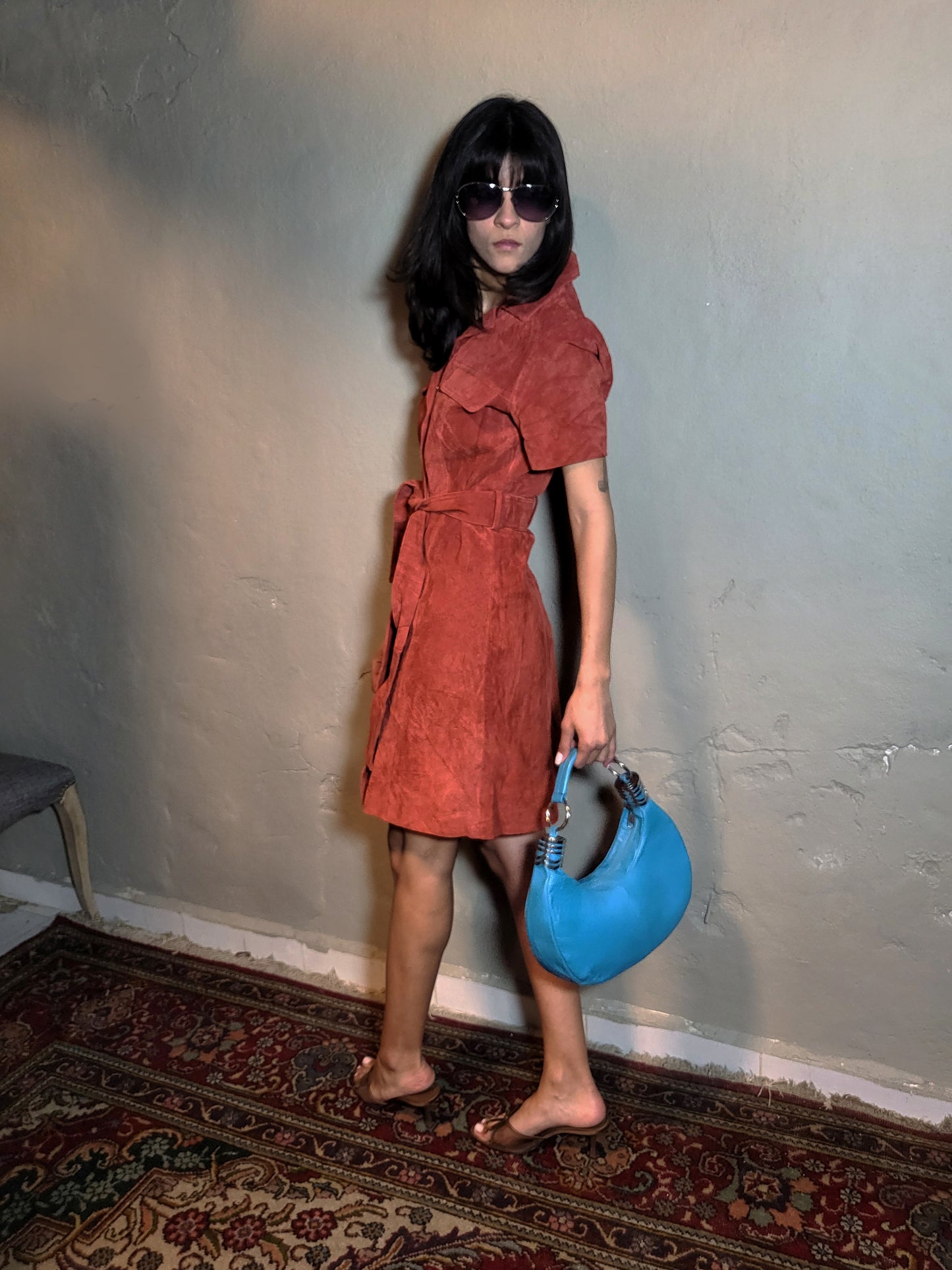 90s Suede Leather Shirt Dress