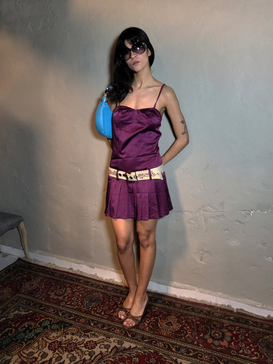 Purple Satin Mini Dress with Pleated Skirt