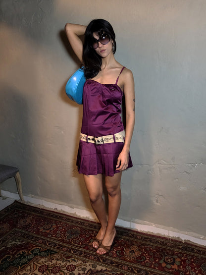 Purple Satin Mini Dress with Pleated Skirt