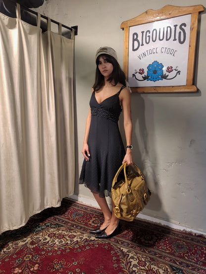 Camaïeu 90s Black Polka Dot Chiffon Midi Dress