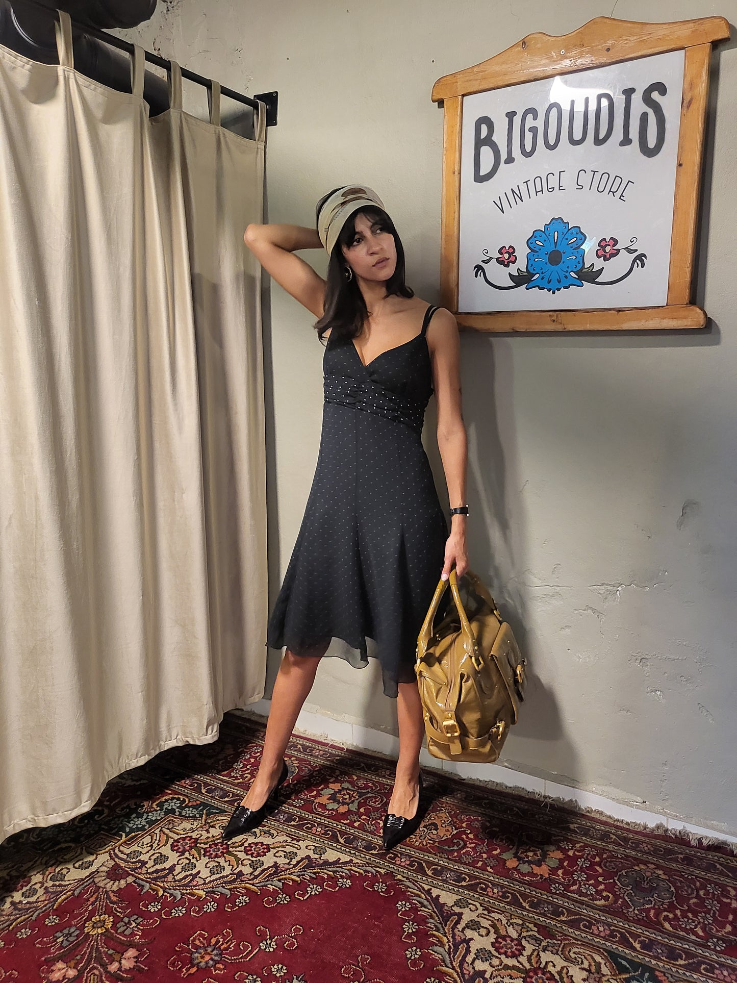 Camaïeu 90s Black Polka Dot Chiffon Midi Dress
