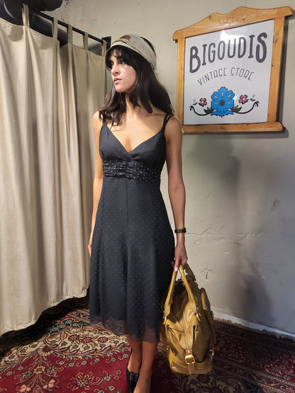 Camaïeu 90s Black Polka Dot Chiffon Midi Dress