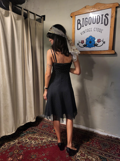 Camaïeu 90s Black Polka Dot Chiffon Midi Dress