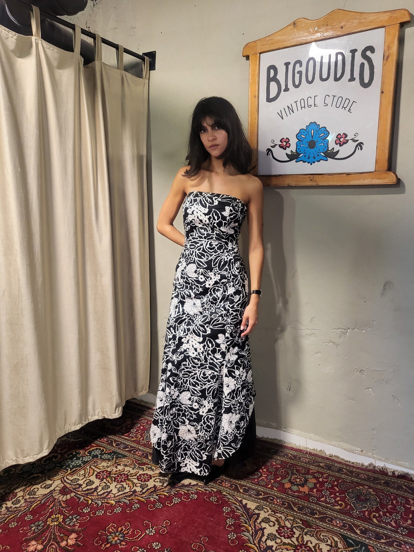 Black & White Floral Strapless Maxi Dress